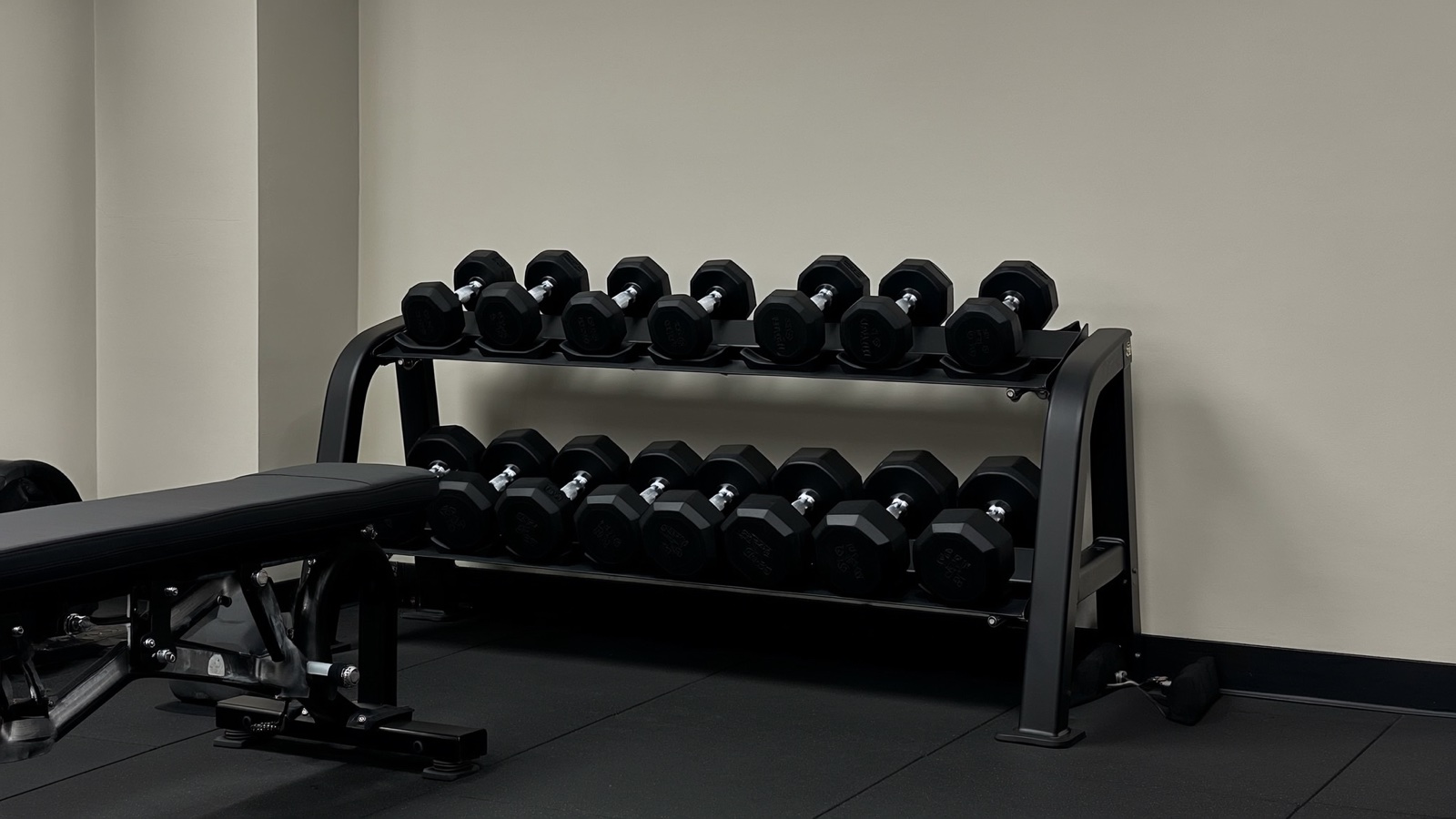 Quiet corner of a gym with dumbbells and a workout bench in natural light