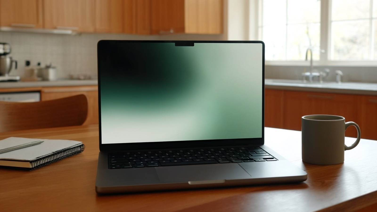 Laptop open on a kitchen table beside a mug of tea and a notebook in warm window light