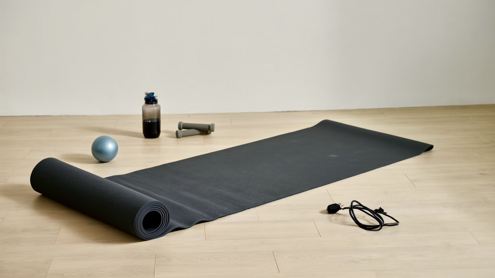 Yoga mat and exercise ball in a bright home workout space